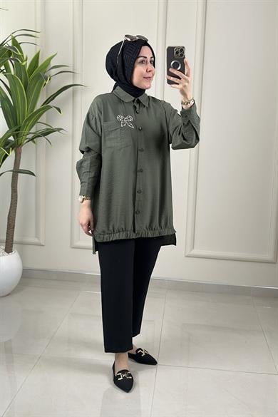 Tesettür Tunik GömlekÖnü Düğmeli Taşlı Kurdele Aksesuarlı Kadın Tunik Haki GNR 243