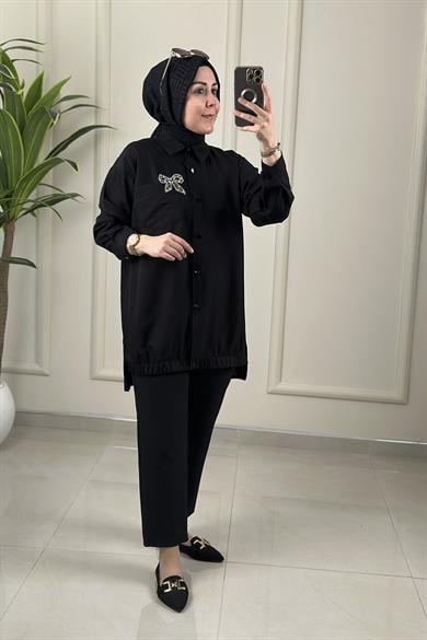 Tesettür Tunik GömlekÖnü Düğmeli Taşlı Kurdele Aksesuarlı Kadın Tunik Siyah GNR 243
