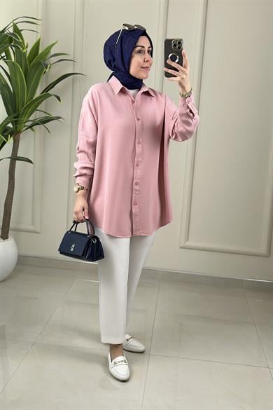 Tesettür Tunik GömlekTensel Düşük Omuz Önü Düğmeli Kadın Tunik Pembe MGZN 7351