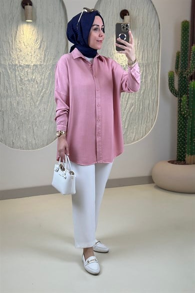 Tesettür Tunik GömlekTensel Düşük Omuz Önü Düğmeli Kadın Tunik Pembe MGZN 7351