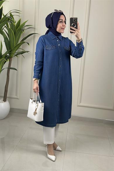 Tesettür Tunik GömlekTensel Önü Düğmeli Cep Taş Detaylı Kadın Tunik Koyu Mavi OZN 1142