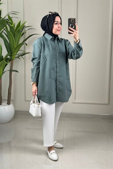 Tesettür Tunik GömlekTensel Önü Düğmeli Şerit Kombinli Kadın Tunik Mint Yeşili EYL 2152