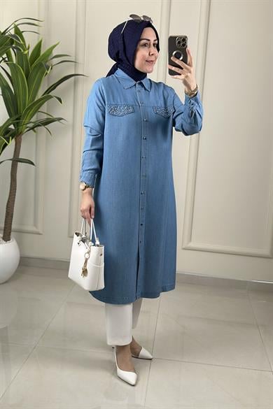 Tesettür Tunik GömlekTensel Önü Düğmeli Cep Taş Detaylı Kadın Tunik Açık Mavi OZN 1142