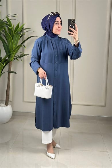 Tesettür Tunik GömlekTensel Önü Nervürlü Düğmeli Kadın Tunik İndigo  EYL 2076