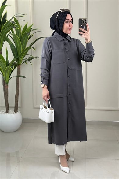 Tesettür Tunik Modelleri Tensel Qupra Önü Düğmeli Uzun Kadın Tunik Antrasit KADO 262492