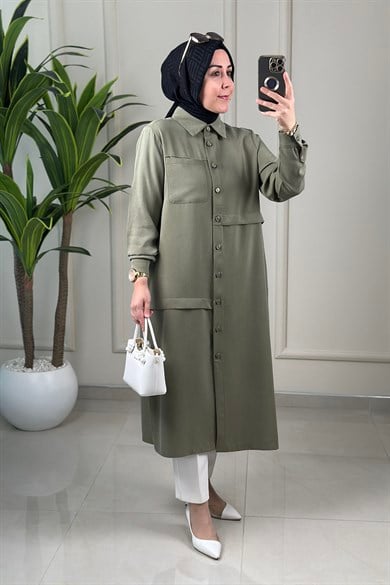 Tesettür Tunik Modelleri Tensel Qupra Önü Düğmeli Uzun Kadın Tunik Açık Yeşil KADO 262492