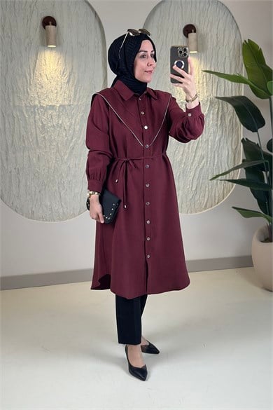 Tesettür Tunik ModelleriAllerli Fermuar Detaylı Önü Çıtçıtlı İpli Modal Tensel Kadın Tunik Bordo EYL 2241