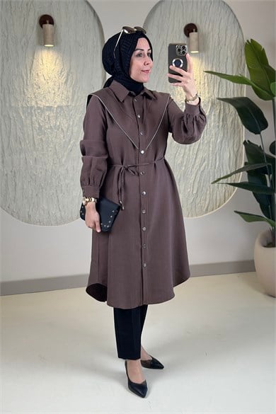 Tesettür Tunik ModelleriAllerli Fermuar Detaylı Önü Çıtçıtlı İpli Modal Tensel Kadın Tunik Kahverengi EYL 2241