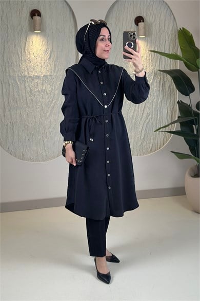 Tesettür Tunik ModelleriAllerli Fermuar Detaylı Önü Çıtçıtlı İpli Modal Tensel Kadın Tunik Siyah EYL 2241