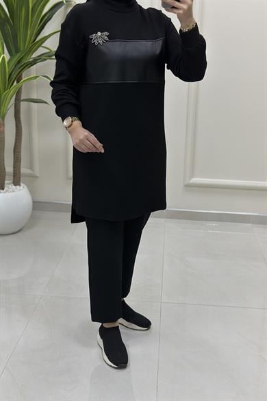 Tesettür Tunik ModelleriArmine Trend Deri Kombinli Broş Detaylı Kadın Tunik Siyah ARM 424