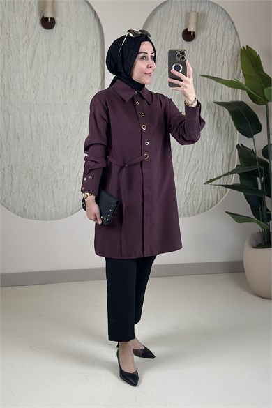 Tesettür Tunik ModelleriArmine Trend Önü Düğmeli Kuşgözü Detaylı Kadın Tunik Bordo ARM 431