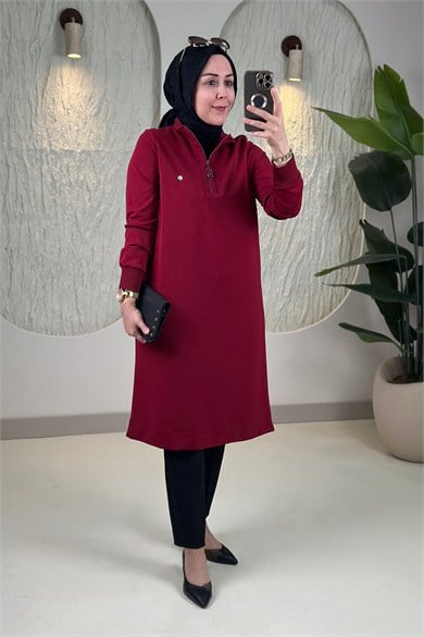 Tesettür Tunik ModelleriArmine Trend Önü Yarım Fermuarlı Ribanalı Kadın Tunik Bordo ARM 456