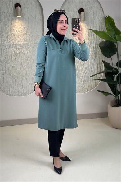 Tesettür Tunik ModelleriArmine Trend Önü Yarım Fermuarlı Ribanalı Kadın Tunik Çağla Yeşili  ARM 456