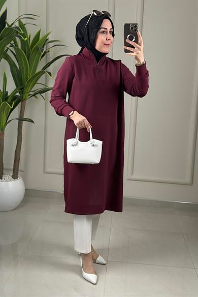 Tesettür Tunik ModelleriArmine Trend Yaka ve Kol Ribanalı Krep Kadın Tunik Mürdüm ARM 445