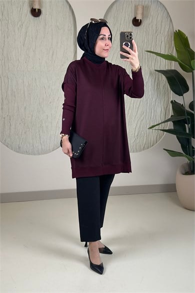 Tesettür Tunik ModelleriDüşük Omuz Kol Ribanalı Düğme Detaylı Kadın Tunik Bordo KADO 268484