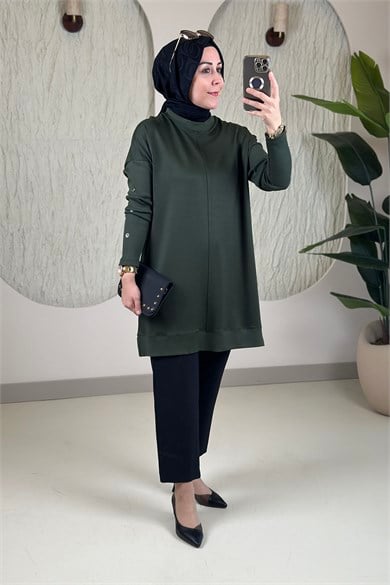 Tesettür Tunik ModelleriDüşük Omuz Kol Ribanalı Düğme Detaylı Kadın Tunik Haki KADO 268484