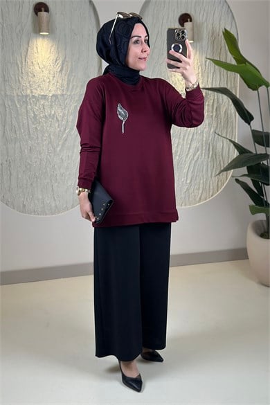 Tesettür Tunik ModelleriDüşük Omuz Lale Baskılı Basic Kadın Oysho Tunik Bordo KADO 268318