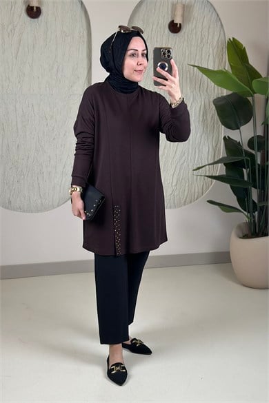 Tesettür Tunik ModelleriDüşük Omuz Ön Yırtmaç Taş Detaylı Oysho Kadın Tunik Kahverengi KADO 268334