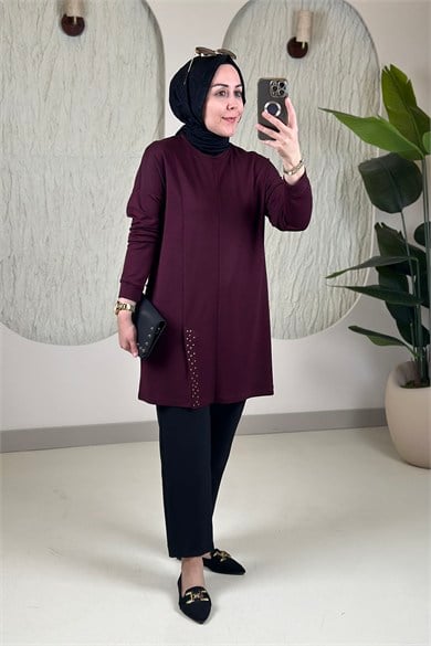 Tesettür Tunik ModelleriDüşük Omuz Ön Yırtmaç Taş Detaylı Oysho Kadın Tunik Bordo KADO 268334