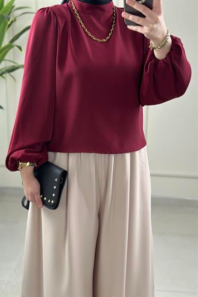 Tesettür Tunik ModelleriHakim Yaka Balon Kol Kadın Krep Bluz Bordo ESİO 055
