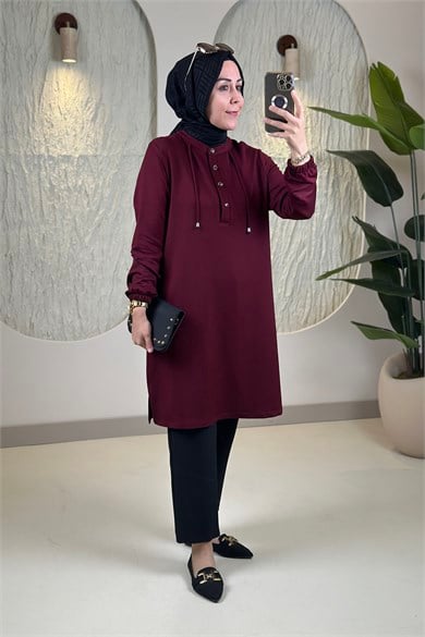 Tesettür Tunik ModelleriHakim Yaka Kolu Büzgülü Yaka İpli Oysho Kadın Tunik Bordo KADO 268202
