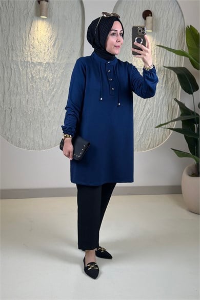 Tesettür Tunik ModelleriHakim Yaka Kolu Büzgülü Yaka İpli Oysho Kadın Tunik Lacivert KADO 268202