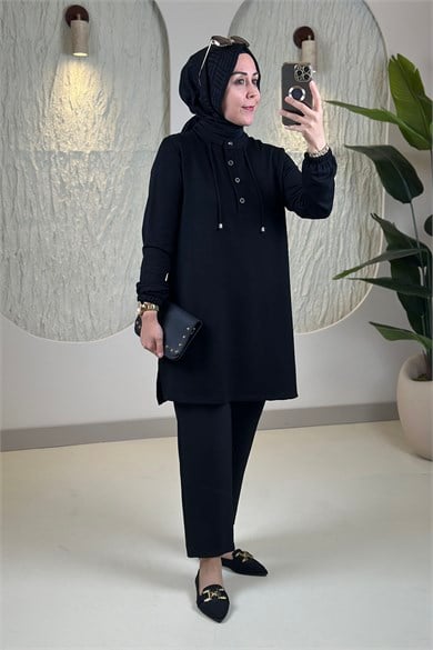 Tesettür Tunik ModelleriHakim Yaka Kolu Büzgülü Yaka İpli Oysho Kadın Tunik Siyah KADO 268202