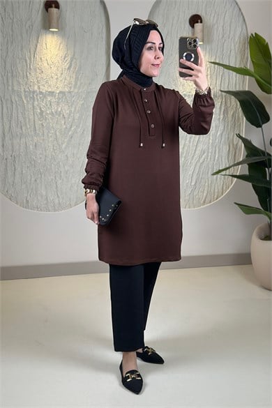 Tesettür Tunik ModelleriHakim Yaka Kolu Büzgülü Yaka İpli Oysho Kadın Tunik Kahverengi KADO 268202