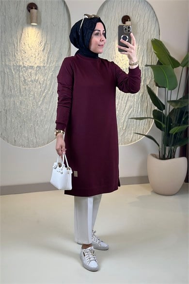 Tesettür Tunik Modelleriİki İplik Kol ve Yaka Ribanalı Basic Kadın Tunik Bordo KADO 7194 