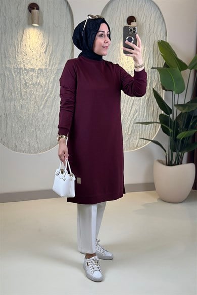 Tesettür Tunik Modelleriİki İplik Kol ve Yaka Ribanalı Basic Kadın Tunik Bordo KADO 7194