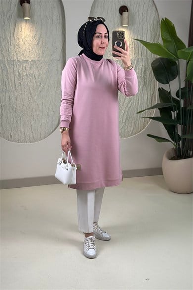 Tesettür Tunik Modelleriİki İplik Kol ve Yaka Ribanalı Basic Kadın Tunik Pembe KADO 7194 