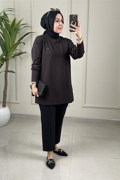 Tesettür Tunik Modelleriİnce Oysho Etek Ucu ve Kolu Geniş Bantlı Kadın Tunik Kahverengi KADO 263704