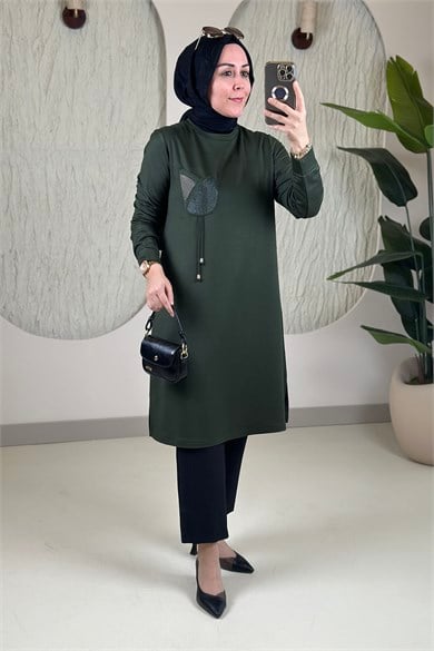 Tesettür Tunik Modelleriİnce Oysho Lale Cep Taş Detaylı Kadın Tunik Haki KADO 268554
