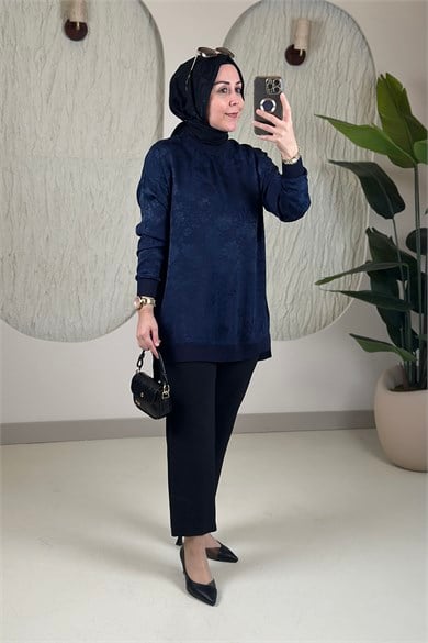 Tesettür Tunik ModelleriJakar Qupra Düşük Omuz Ribana Detaylı Kadın Tunik Lacivert KADO 268926