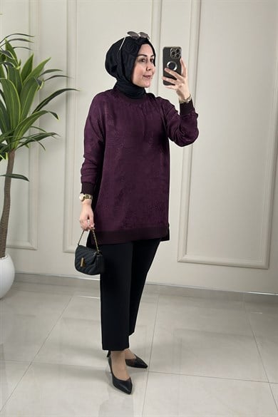Tesettür Tunik ModelleriJakar Qupra Düşük Omuz Ribana Detaylı Kadın Tunik Mürdüm KADO 262926
