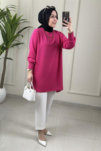 Tesettür Tunik ModelleriLinda Krep Yaka ve Kol Ribanalı Basic Kadın Tunik Pembe NOS 4401