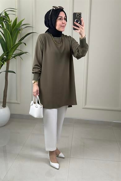 Tesettür Tunik ModelleriLinda Krep Yaka ve Kol Ribanalı Basic Kadın Tunik Haki NOS 4401