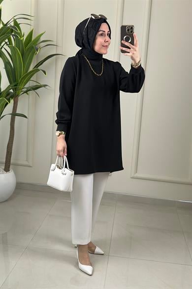 Tesettür Tunik ModelleriLinda Krep Yaka ve Kol Ribanalı Basic Kadın Tunik Siyah NOS 4401