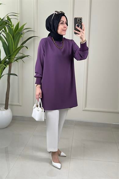 Tesettür Tunik ModelleriLinda Krep Yaka ve Kol Ribanalı Basic Kadın Tunik Mor NOS 4401