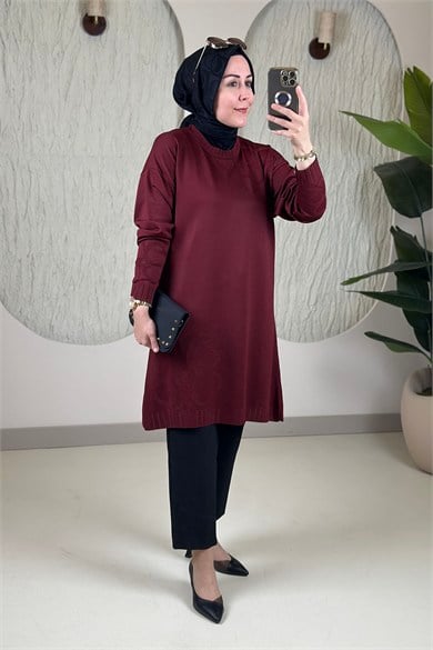 Tesettür Tunik ModelleriMerserize Triko Düşük Omuz Kendinden Desenli Kadın Tunik Bordo KADO 2726074