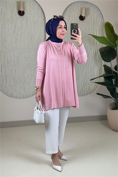 Tesettür Tunik ModelleriMerserize Triko Fiyonk ve Güpür Detaylı Kadın Tunik Pembe VVA 304