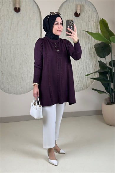 Tesettür Tunik ModelleriMerserize Triko Fiyonk ve Güpür Detaylı Kadın Tunik Mürdüm VVA 304