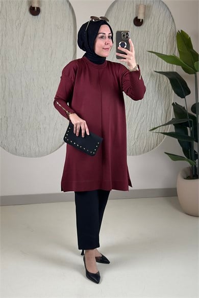 Tesettür Tunik ModelleriMerserize Triko Kol Fermuar Detaylı Kadın Tunik Bordo KADO 27260027