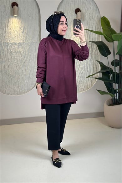 Tesettür Tunik ModelleriModal Oysho Önü Biyeli Kadın Tunik Açık Bordo KADO 269390