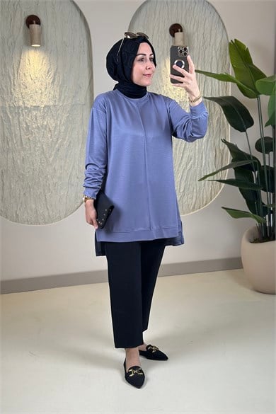 Tesettür Tunik ModelleriModal Oysho Önü Biyeli Kadın Tunik Mavi KADO 269390