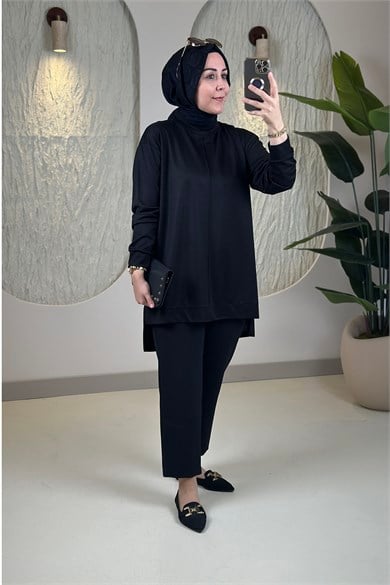 Tesettür Tunik ModelleriModal Oysho Önü Biyeli Kadın Tunik Siyah KADO 269390