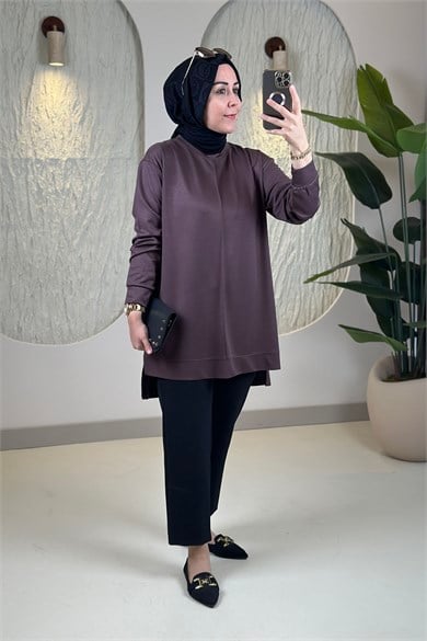 Tesettür Tunik ModelleriModal Oysho Önü Biyeli Kadın Tunik Kahverengi KADO 269390