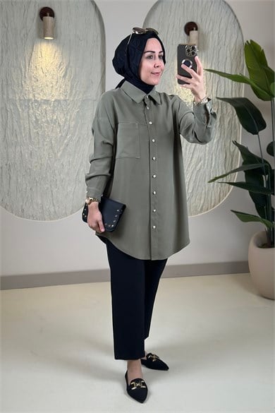 Tesettür Tunik ModelleriModal Tensel Düşük Omuz Tek Cepli Kadın Tunik Yeşil KADO 268254