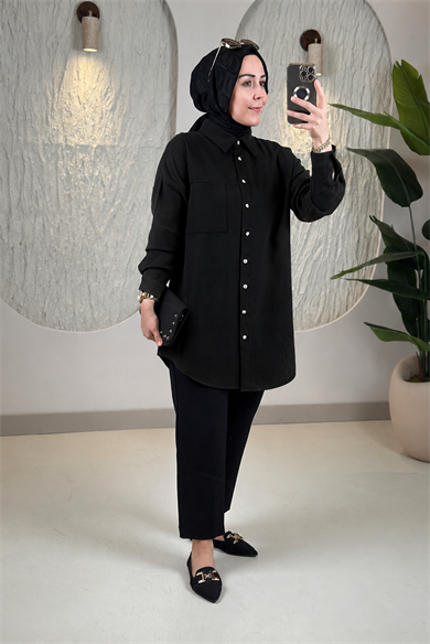 Tesettür Tunik ModelleriModal Tensel Düşük Omuz Tek Cepli Kadın Tunik Siyah KADO 268254