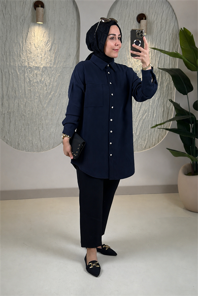 Tesettür Tunik ModelleriModal Tensel Düşük Omuz Tek Cepli Kadın Tunik Lacivert KADO 268254